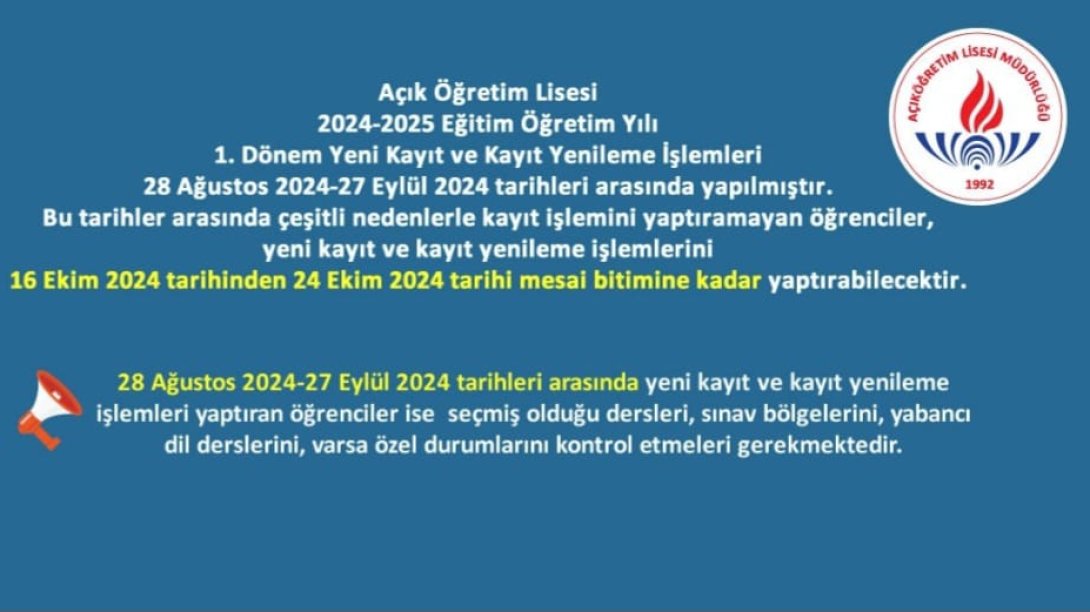 Açık Öğretim Lisesi Yeni Kayıt ve Kayıt Yenileme 